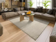 Béžový koberec v obývačke môžeš kombinovať so zemitými a pastelovými farbami.