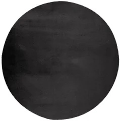 Jemný, chlpatý tmavo šedý plyšový kruhový koberec.