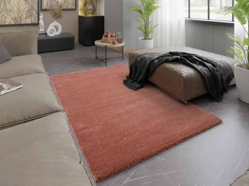 Jednofarebný staro ružový koberec môže pridať do tvojej domácnosti tú správnu farbu. 