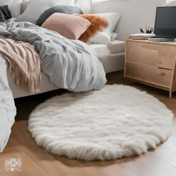 Malý chlpatý kruhový koberček vedľa posteli. Malý chlpatý kruhový koberček vedľa posteli.