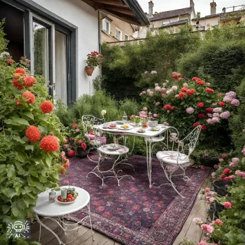 Koberec vo vínovej farbe na balkóne a romantickým sedením. Koberec vo vínovej farbe na balkóne a romantickým sedením.
