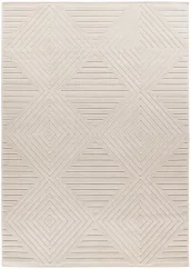 Chlpatý vonkajší koberec v krémovo bielej farbe. Geometrický motív vhodný do vstupnej chodby ale aj na mestský balkón.