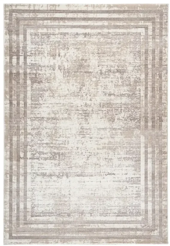 Malý koberec vo farbe taupe (šedo béžová) s bordúrou.