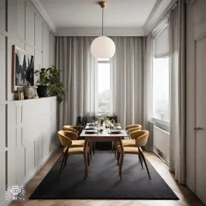 Antracitový koberec v bielej modernej jedálni.
